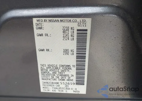 2021 Nissan Leaf S Plus 62 Kwh z USA, uszkodzony, nr VIN 1N4BZ1BVXMC552659